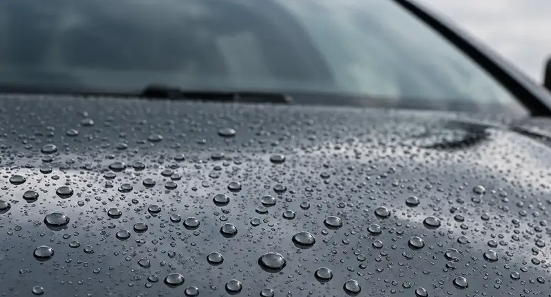 Parabrisas y capó cubiertos de gotas de lluvia después del tratamiento de cristales