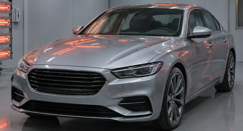 Berlina plateada dentro de la cabina de curado con lámparas de infrarrojos encendidas