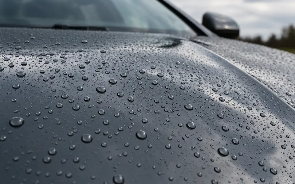 Gotas de lluvia perladas sobre el capó gris de un coche con recubrimiento cerámico
