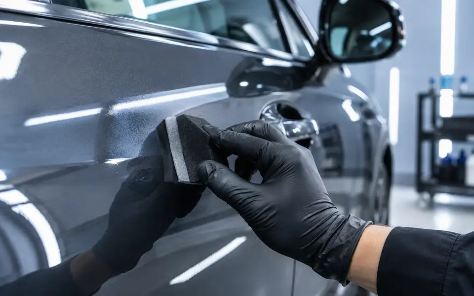 Técnico con guantes negros aplicando el recubrimiento con un bloque aplicador